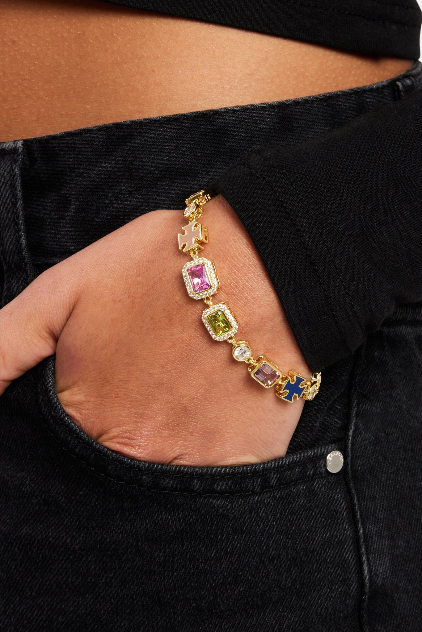 Pink & Green Multi Gem Stone Motif Bracelet - Gold - 10mm