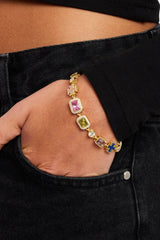 Pink & Green Multi Gem Stone Motif Bracelet - Gold