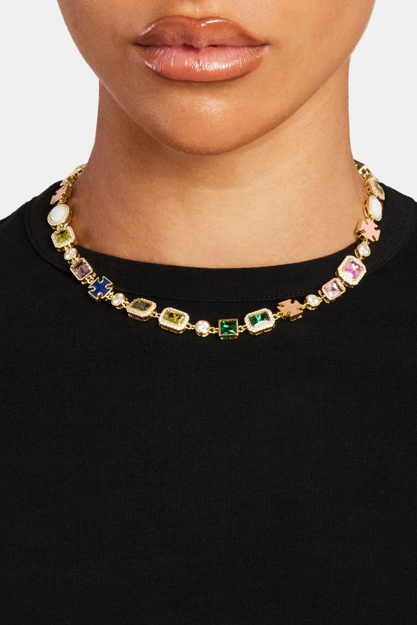 Pink & Green Multi Gemstone Motif Necklace - Gold