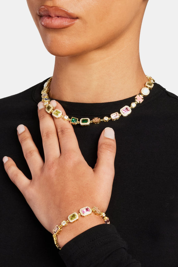 Pink & Green Multi Gem Stone Motif Necklace & Bracelet  - Gold