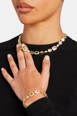 Pink & Green Multi Gem Stone Motif Necklace & Bracelet  - Gold