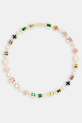 Pink & Green Multi Gemstone Motif Necklace - Gold