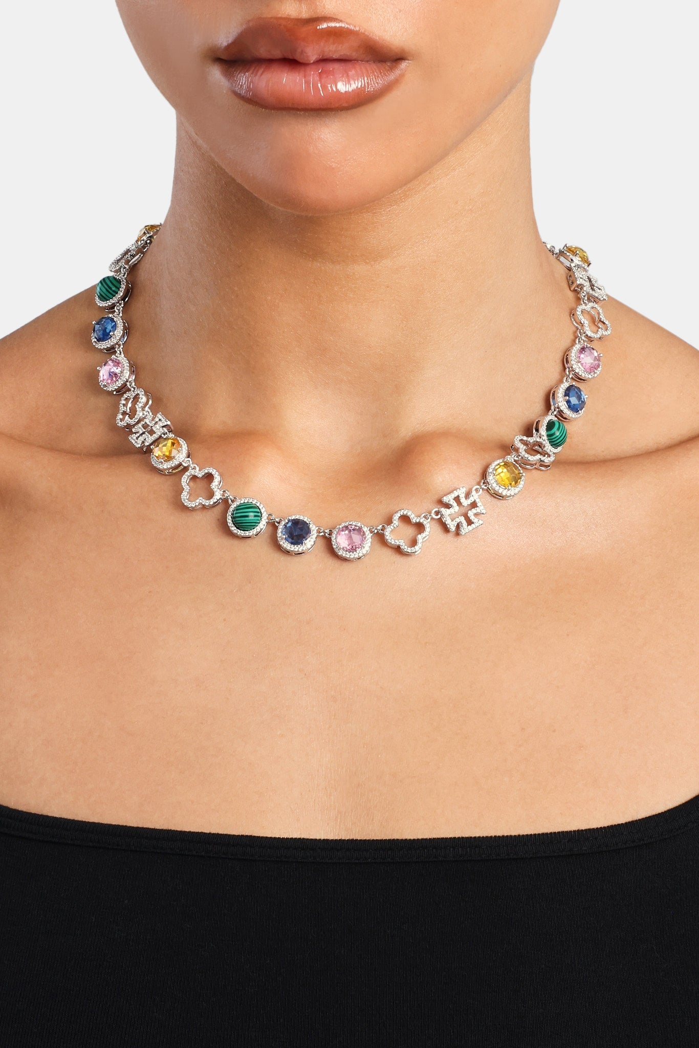 Motif & Multi Gemstone Chain - White