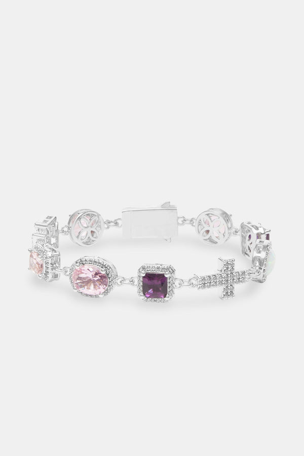 Pink Gemstone & Cross Motif Bracelet - White
