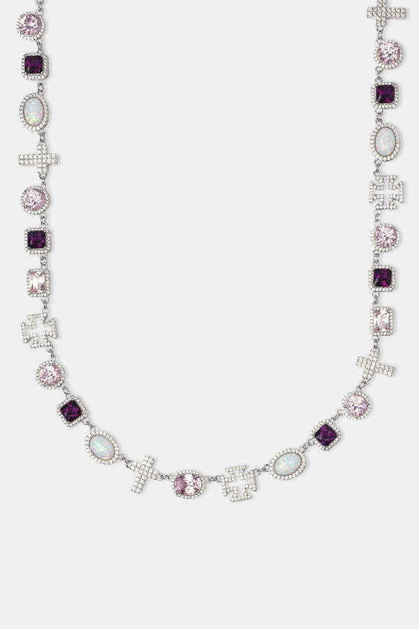 Pink Gemstone & Cross Motif Chain - White