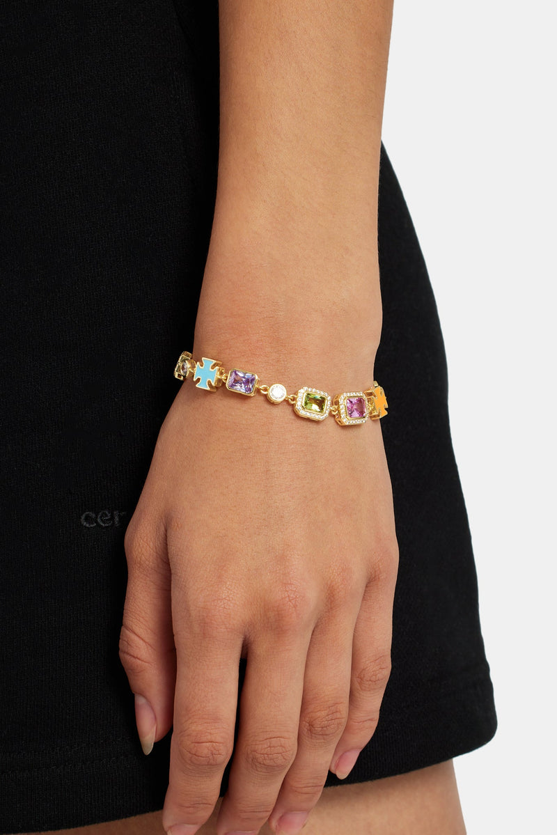 Pink Multi Gemstone Motif Bracelet - Gold