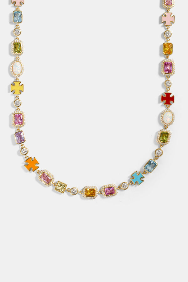 Pink Multi Gemstone Motif Necklace & Bracelet - Gold