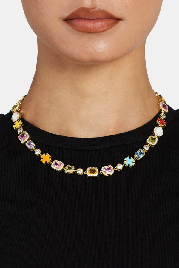 Pink Multi Gemstone Motif Necklace - Gold
