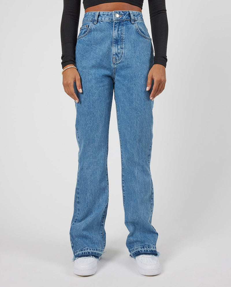 Tonal Panelled Flare Detail Jeans - Mid Blue
