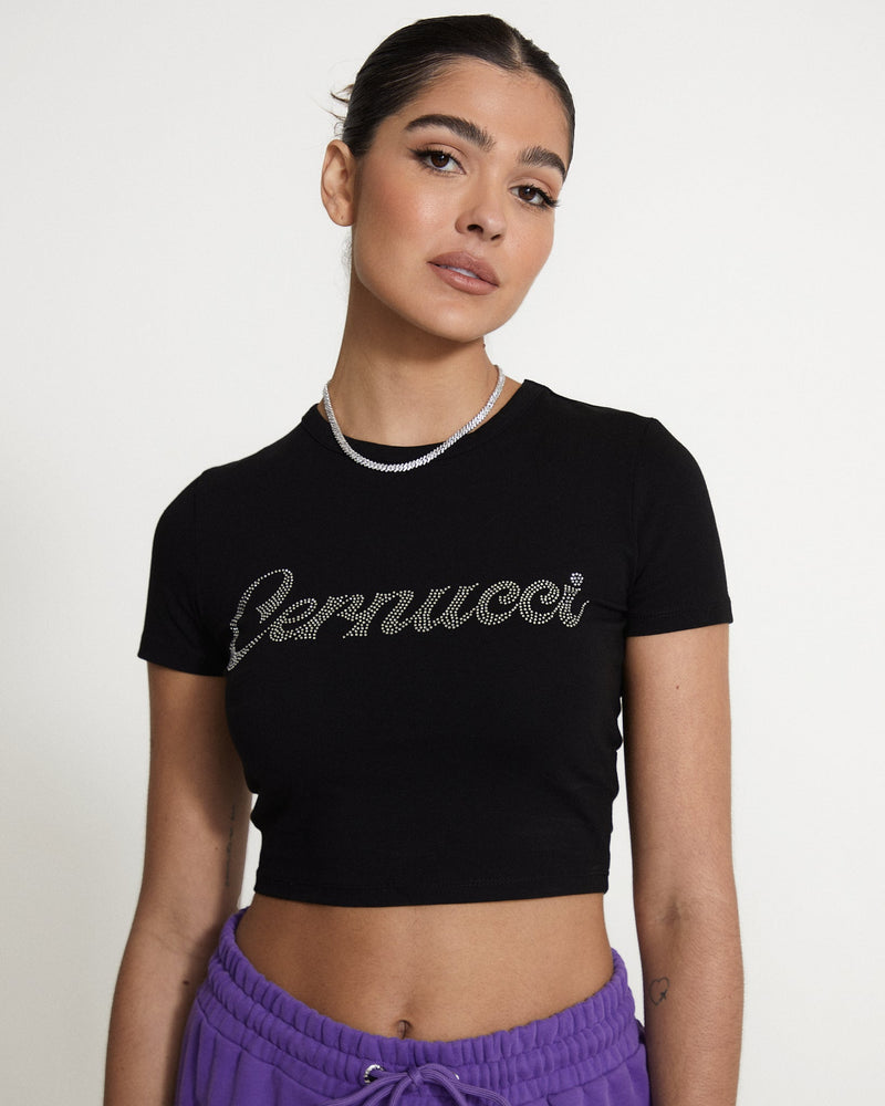 Cernucci Rhinestone Cropped T-Shirt - Black