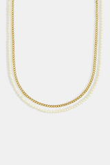Gold Plated Double Layer Freshwater Pearl & Chain Necklace 16+2”