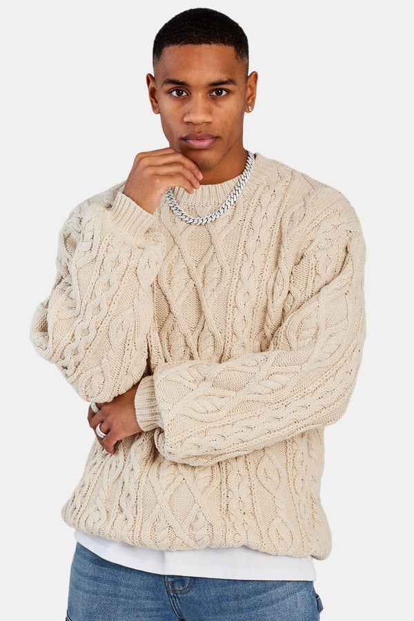 Cable Knit Varsity Sweater - Beige