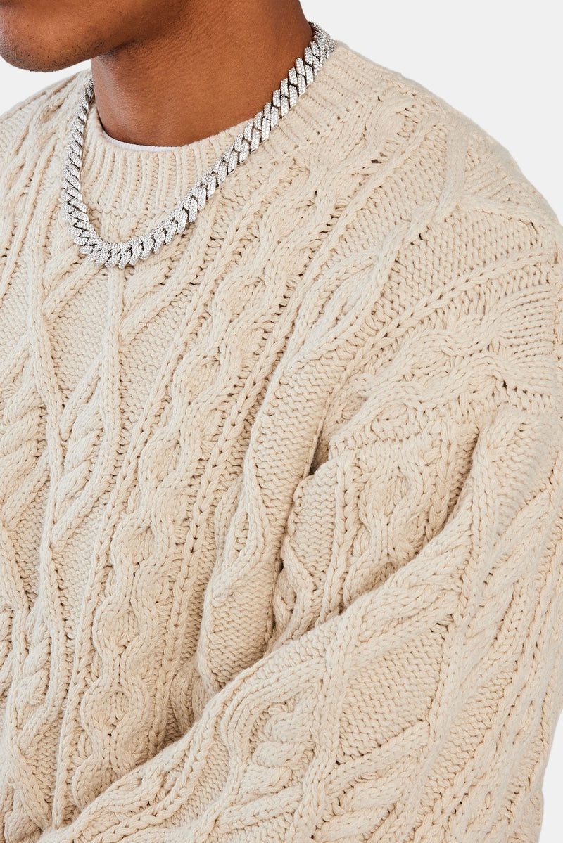 Cable Knit Varsity Sweater - Beige