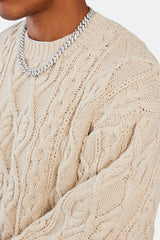 Cable Knit Varsity Sweater - Beige