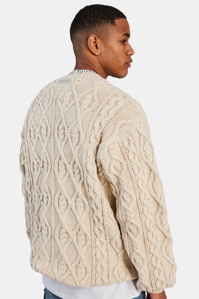 Cable Knit Varsity Sweater - Beige
