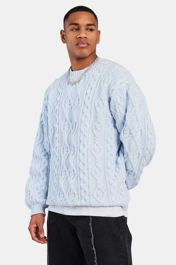 Cable Knit Varsity Sweater - Blue