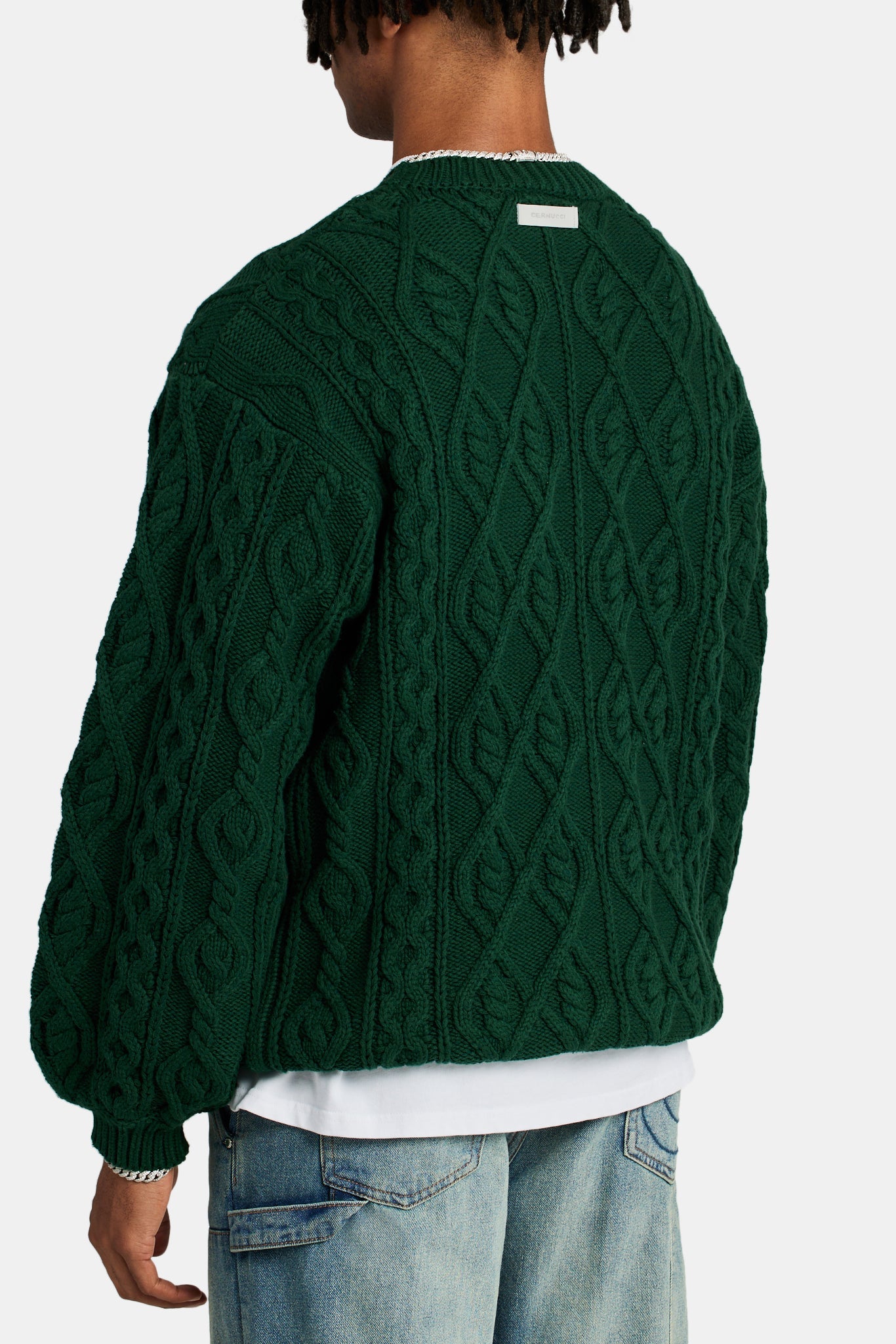 Cable Knit Varsity Sweater - Forest Green | Mens Knitwear | Shop