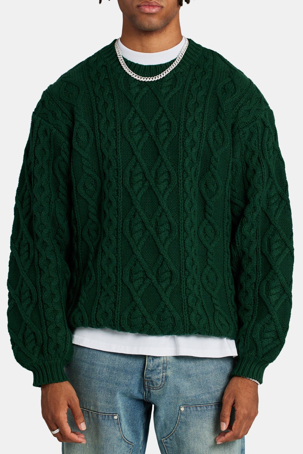 Cable Knit Varsity Sweater - Forest Green | Mens Knitwear