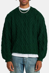 Cable Knit Varsity Sweater  - Forest Green