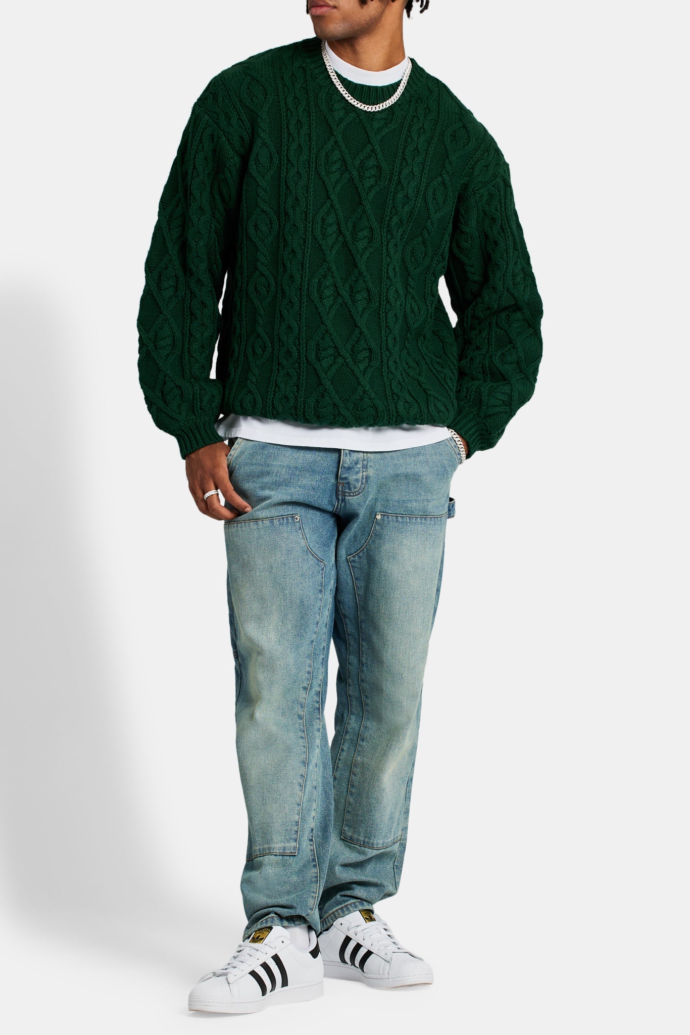 Cable Knit Varsity Sweater - Forest Green | Mens Knitwear | Shop