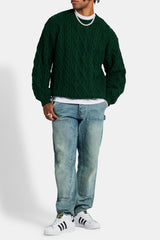 Cable Knit Varsity Sweater  - Forest Green