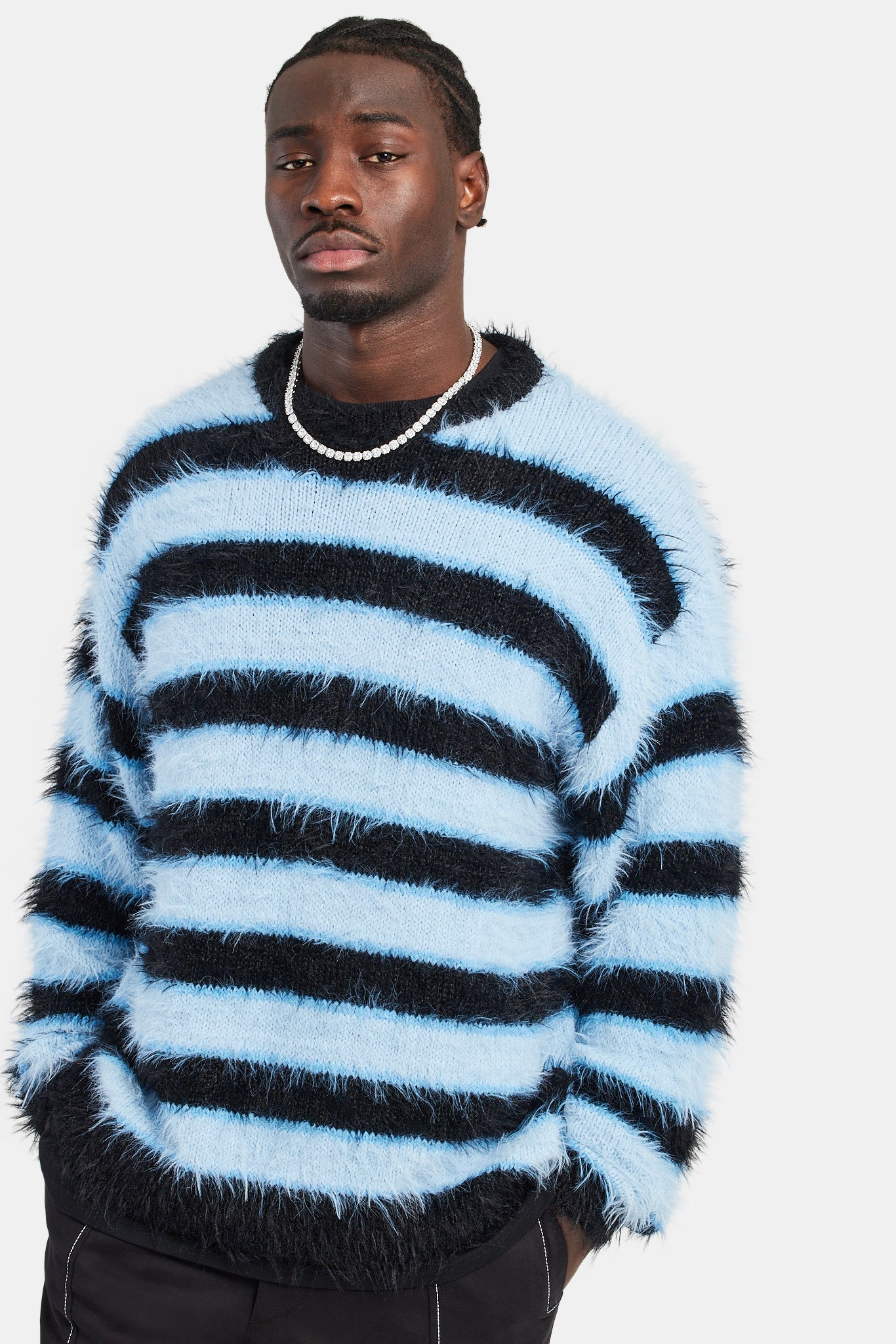 Oversized Fluffy Stripe Knitted Jumper | Mens Knitwear | Shop