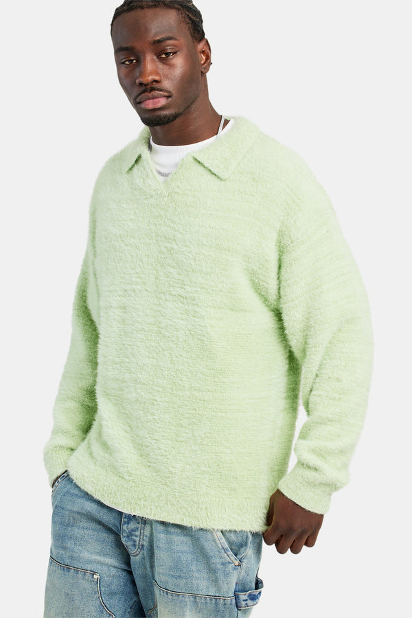 Knitted V Neck Polo - Lime
