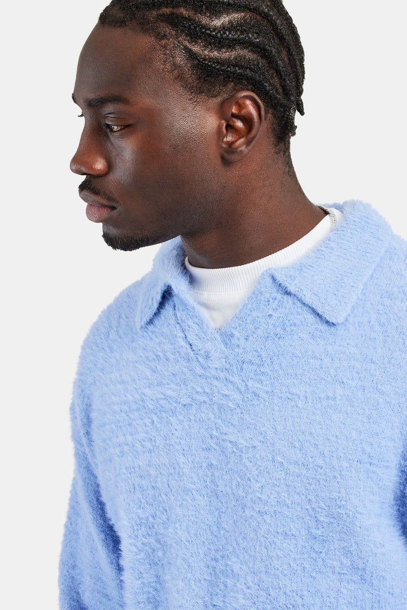 Knitted V Neck Polo - Powder Blue