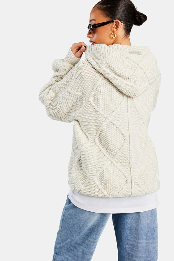 Womens CCC Cable Knit Varsity Hoodie - Ecru