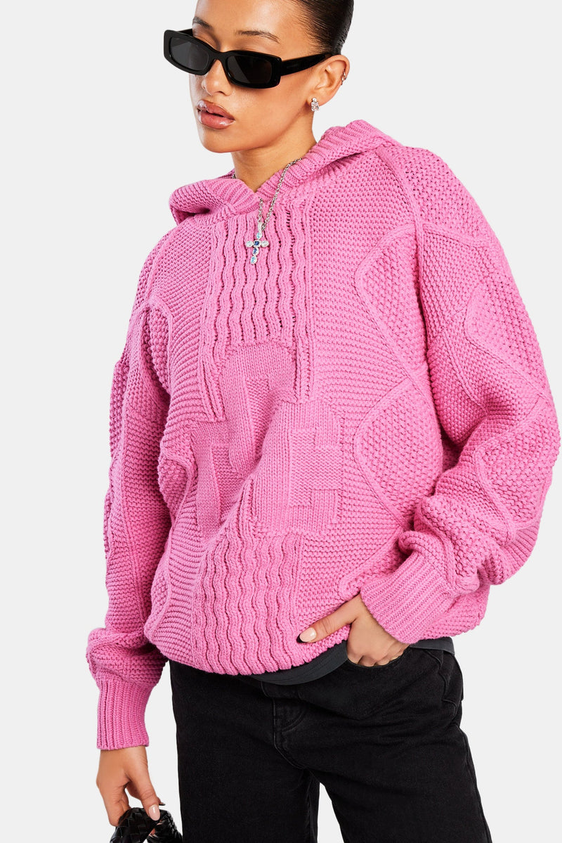 Womens CCC Cable Knit Varsity Hoodie - Pink