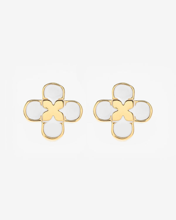 Floral Motif Stud Earrings - Gold & White