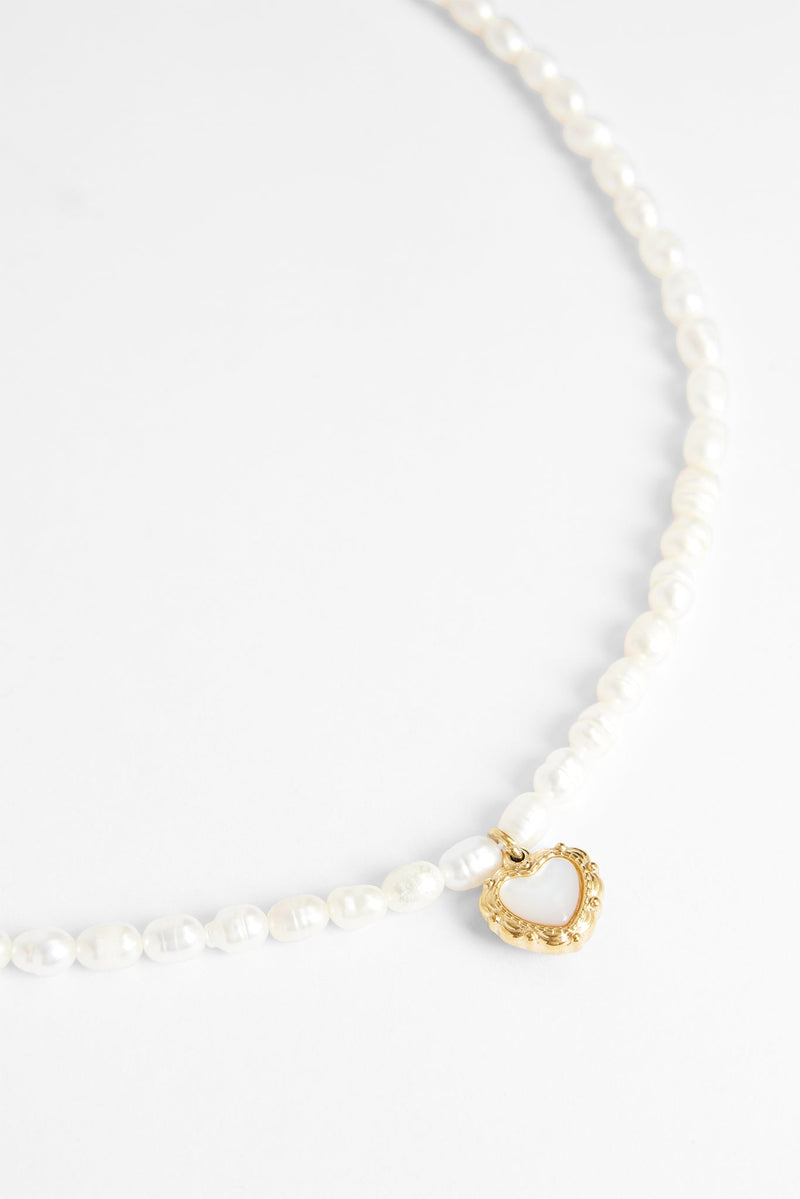 Freshwater Pearl Necklace With Heart Bezel Pendant - Gold