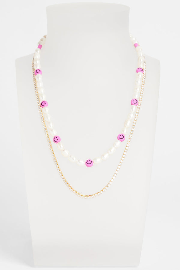 Freshwater Pearl and Pink Face Motif Necklace & 2.5mm Micro Tennis Chain - Gold