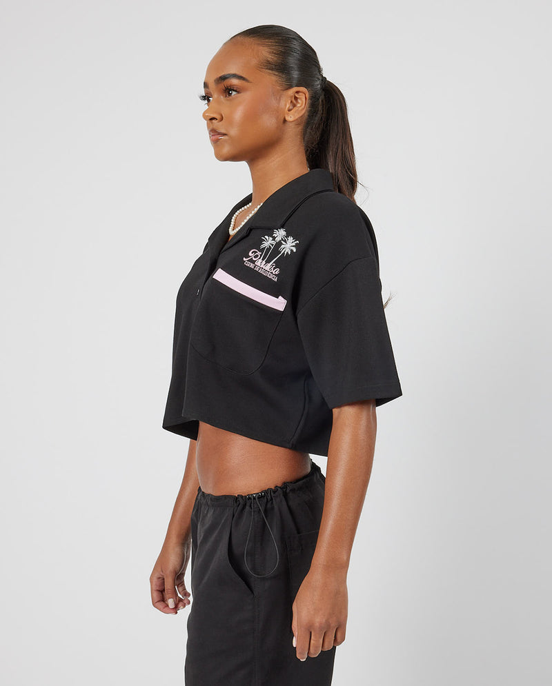 Boxy Cropped Paradise Bowling Shirt - Black