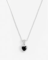 Heart Shape Black Stone Bezel Necklace - White Gold
