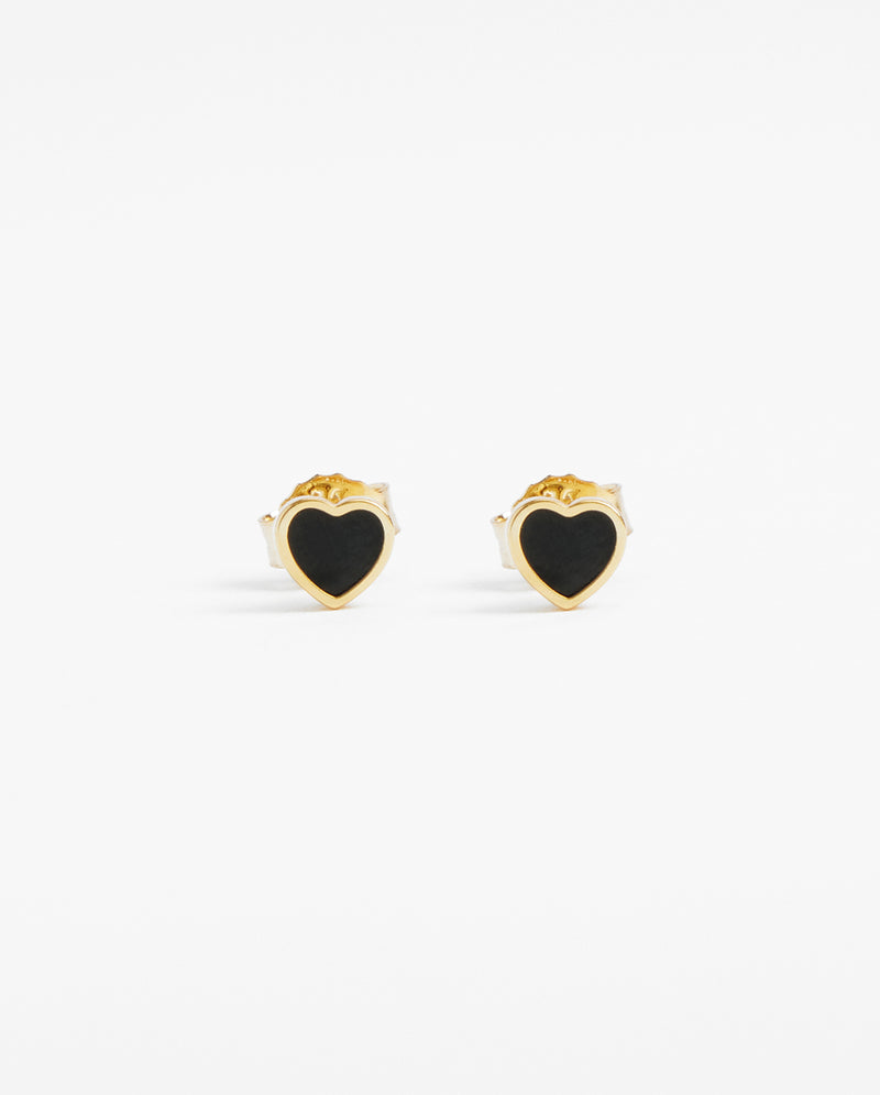 Black Heart Enamel Stud Earrings - Gold