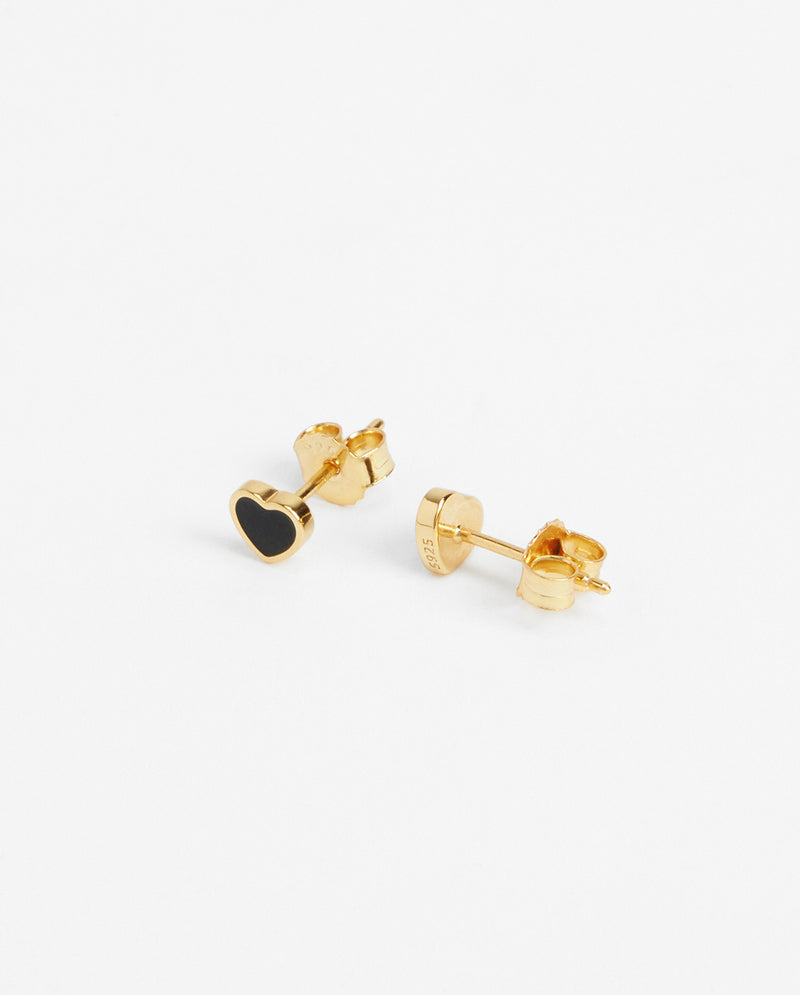 Black Heart Enamel Stud Earrings - Gold