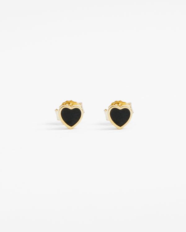 Black Heart Enamel Stud Earrings - Gold