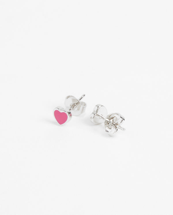 Hot Pink Heart Enamel Stud Earrings - White Gold