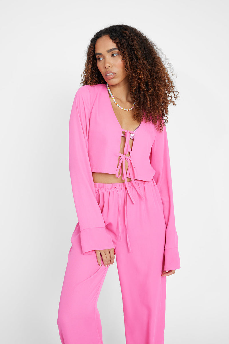 Tie Front Beach Cover Up Top - Pink