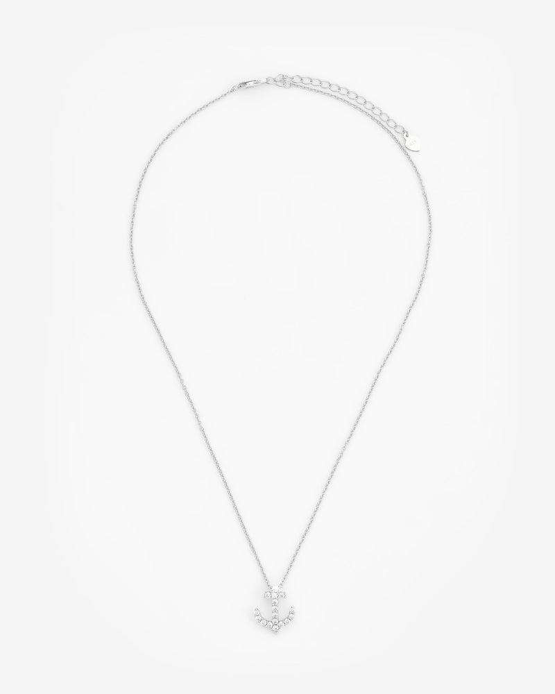 Iced Anchor Necklace - White Gold