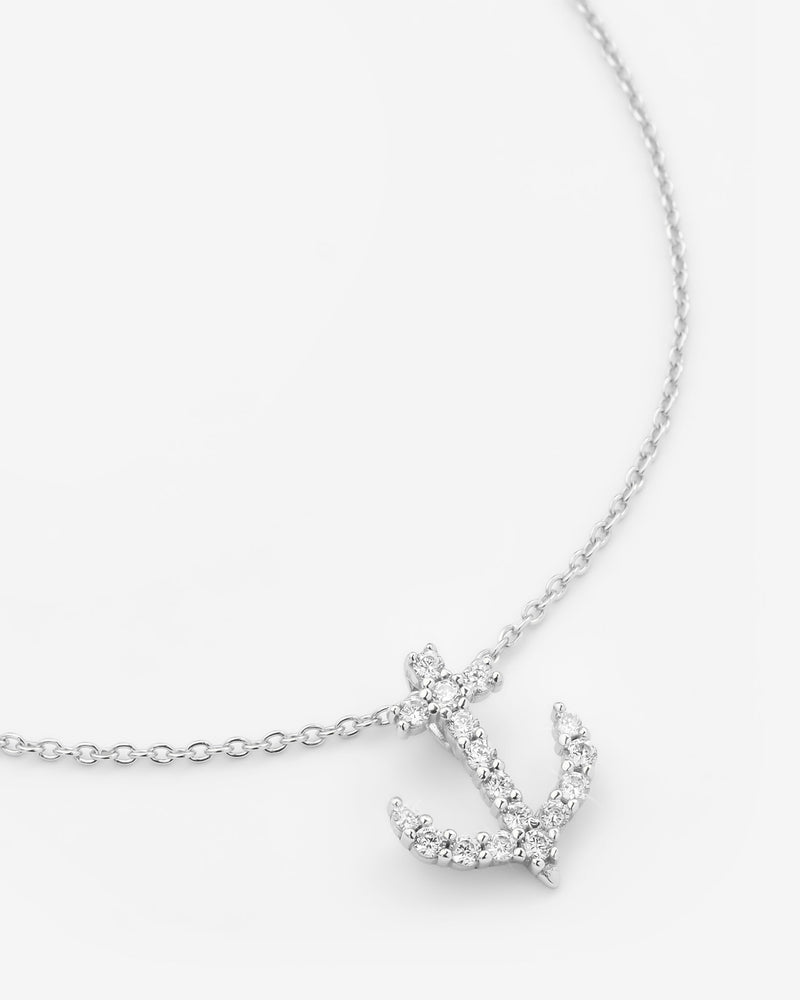 Iced Anchor Necklace - White Gold