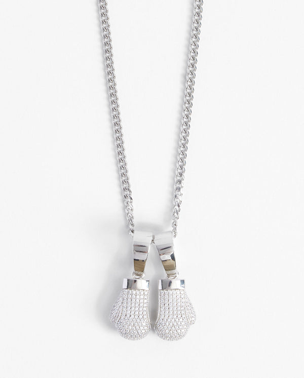 Iced Boxing Gloves Necklace - White Gold