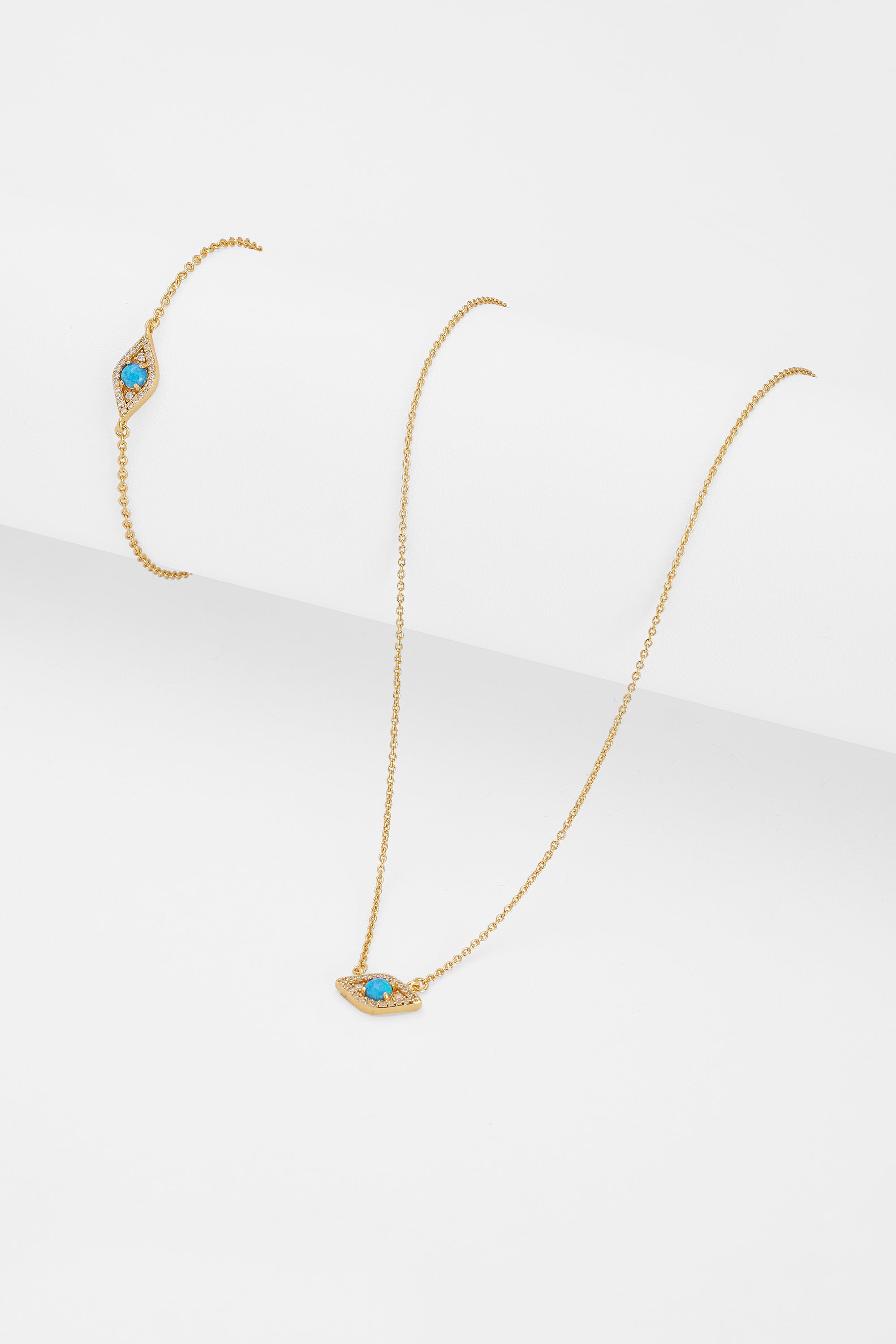 Iced Blue Opal Mini Evil Eye Necklace + Bracelet Bundle - Gold