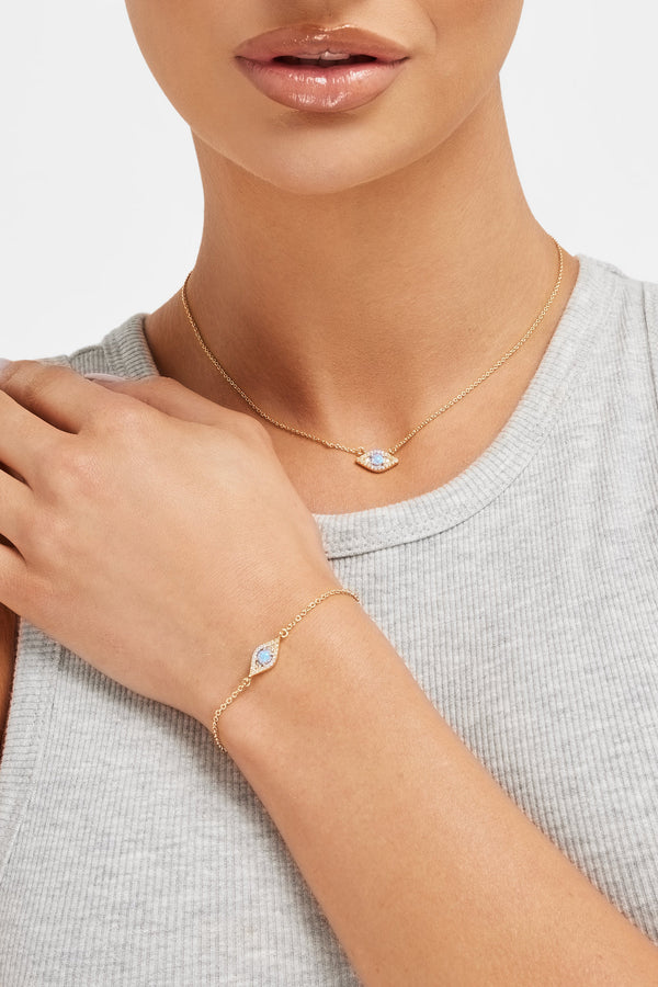 Iced Blue Opal Mini Evil Eye Necklace + Bracelet Bundle - Gold