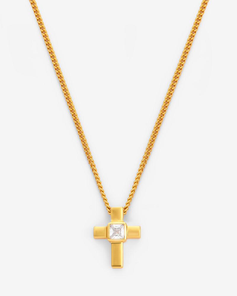 Iced Cross Box Chain Necklace - Gold