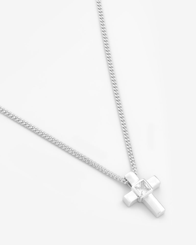 Iced Cross Box Chain Necklace - White Gold