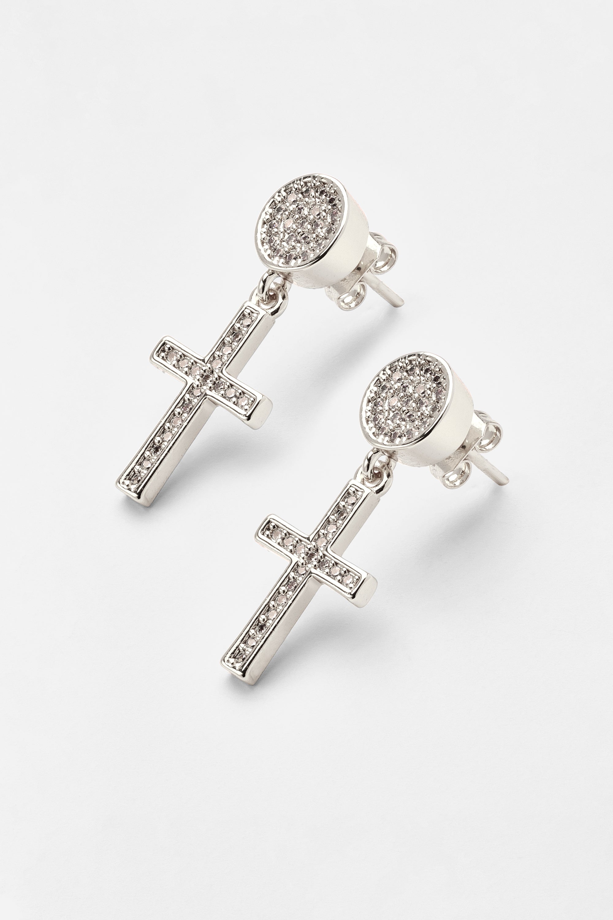 Iced Cross Drop Stud Earrings