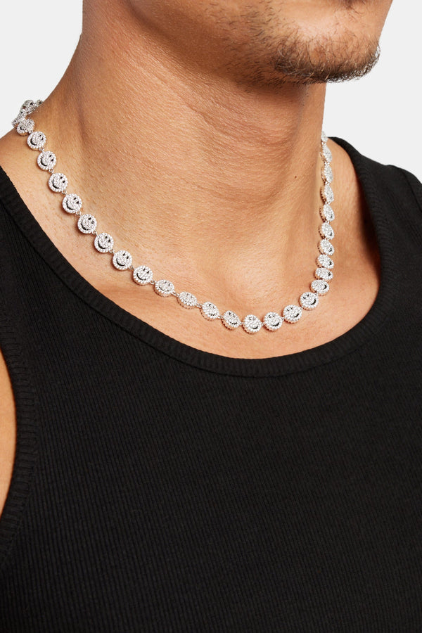 Iced CZ Happy Face Chain - White Gold