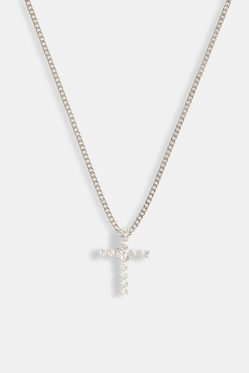 Iced CZ Cross Cuban Necklace - White Gold